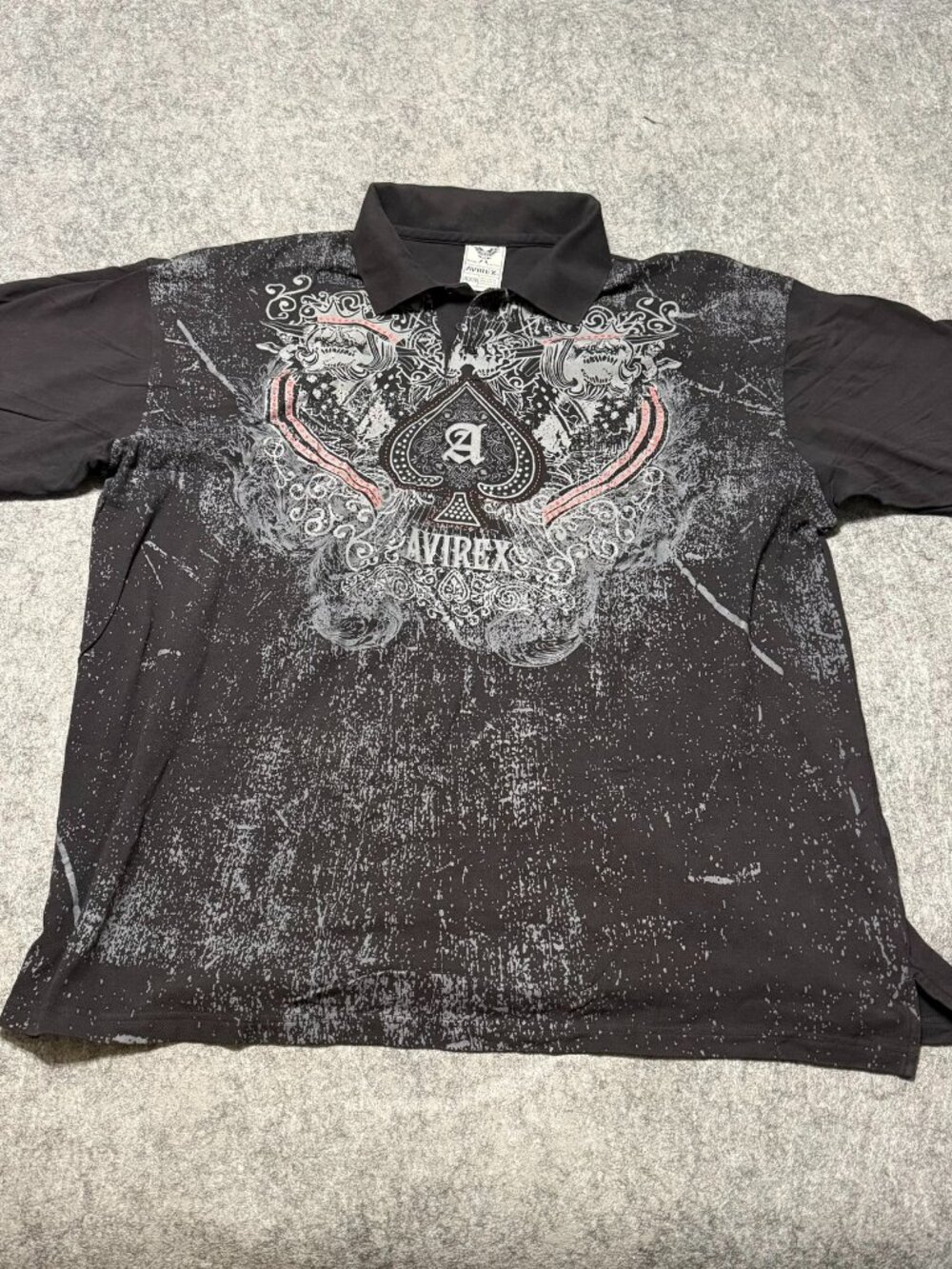 Avirex Y2K All Over Print Polo Shirt 4XB Black Ace of Spades Skull Streetwear